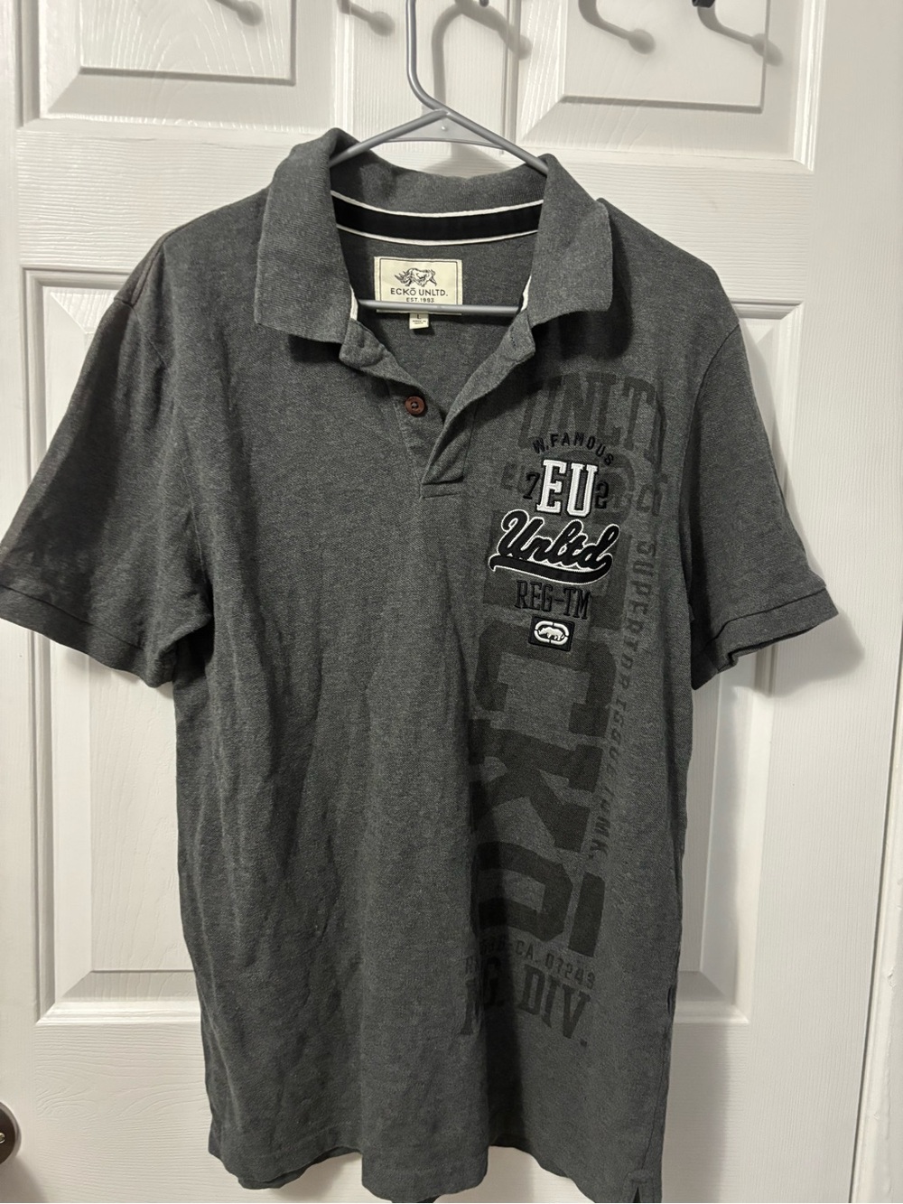 Vintage Y2K Ecko Unltd Grey Graphic Polo Shirt Size Large